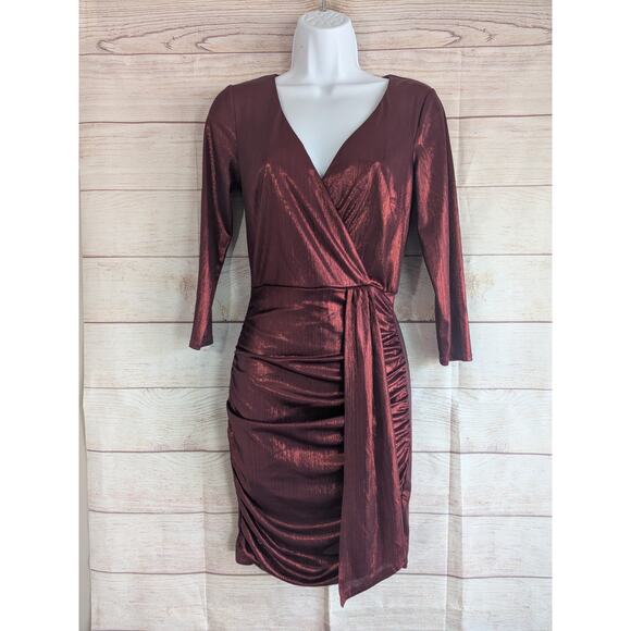 BCX Dresses & Skirts - BCX Dress Size Small Red Long Sleeve Faux Wrap Surplice Long Sleeves